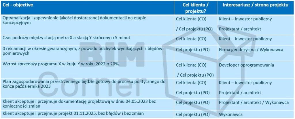 Przykłady celów klienta i projektu w VDC